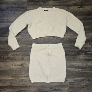 SHEIN Cream Fuzzy Knit Sweater & Mini Skirt Set Size Small